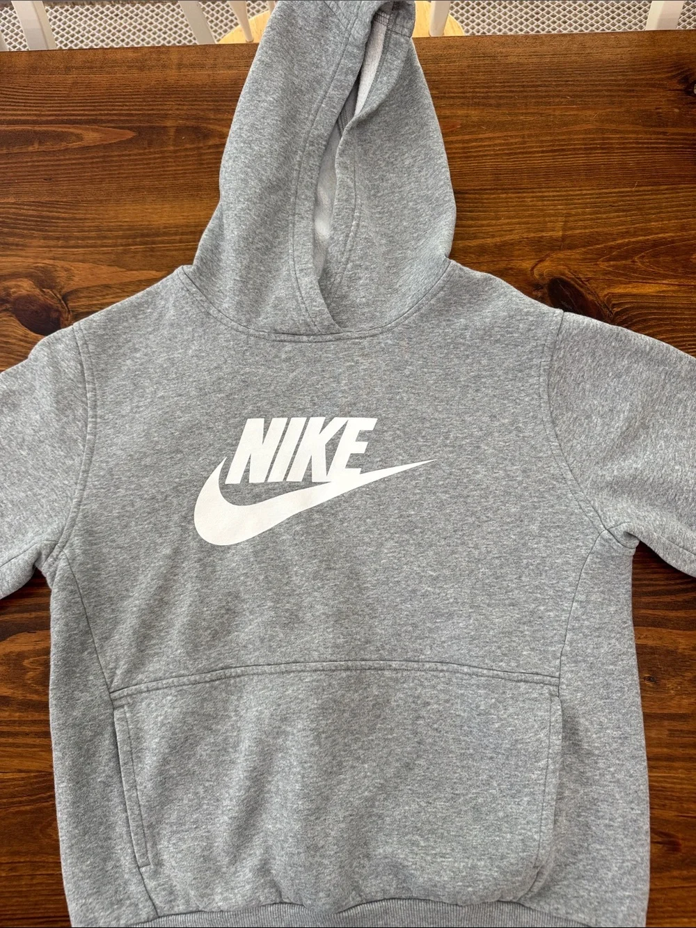 Kids Nike Heather Gray Hoodie with White Swoosh. Size XL